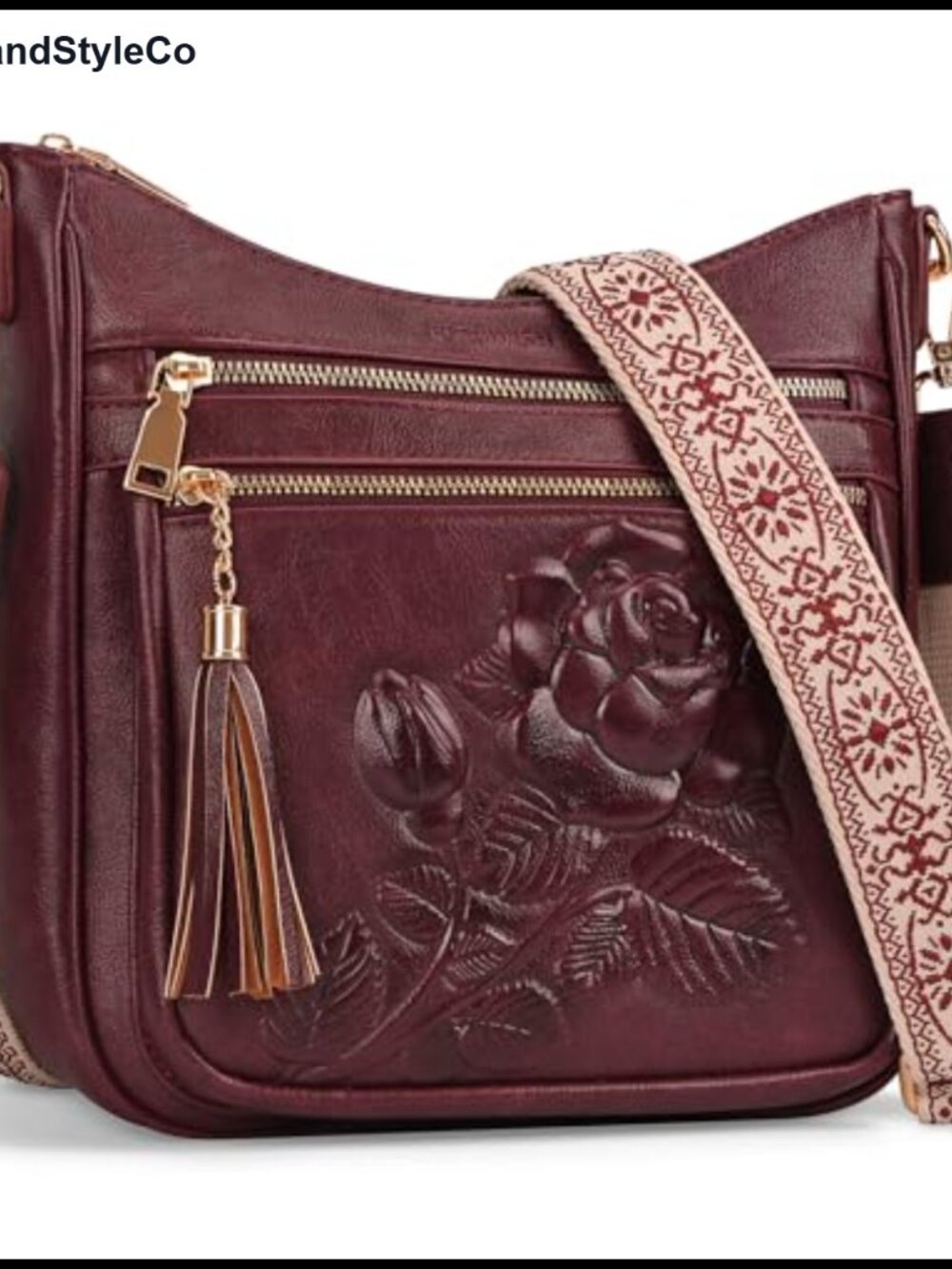Vegan Leather Crossbody Bag with Embossed Flower Texture, Multi-Pocket Purse